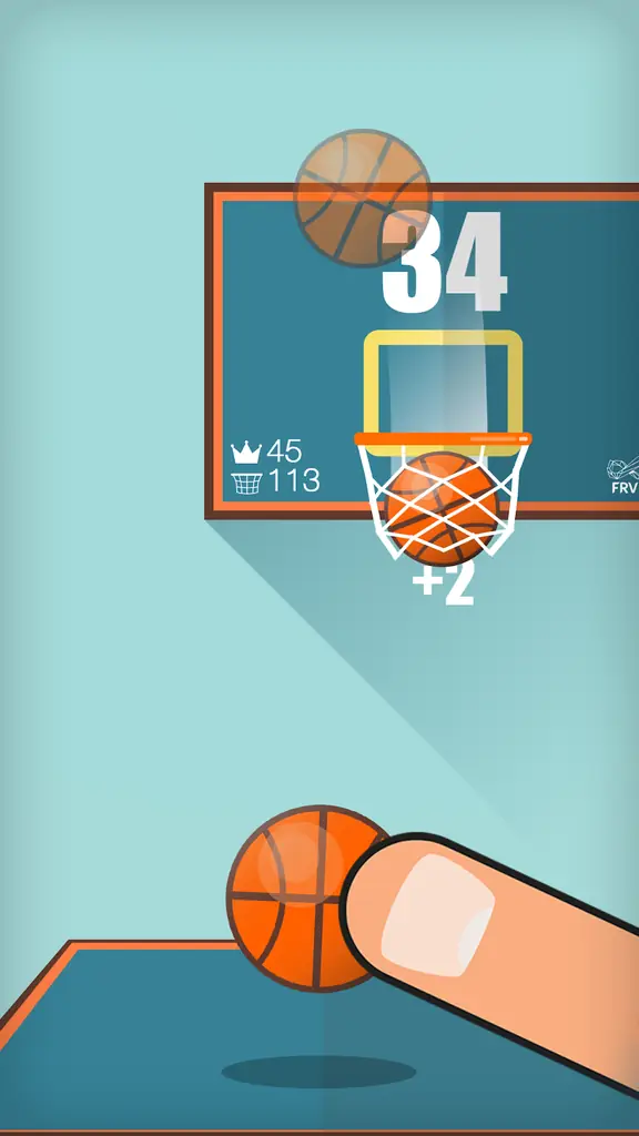 Flat pastel court with a ball resting in front of the hoop and the tally on the backboard
