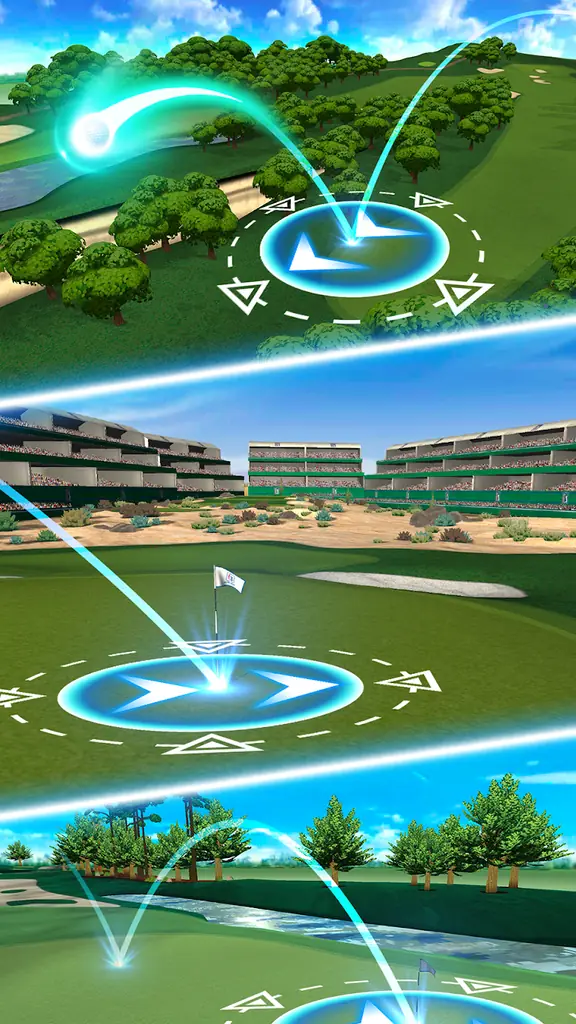 Aiming marker placed on the green while the ball flight arc is drawn across the course